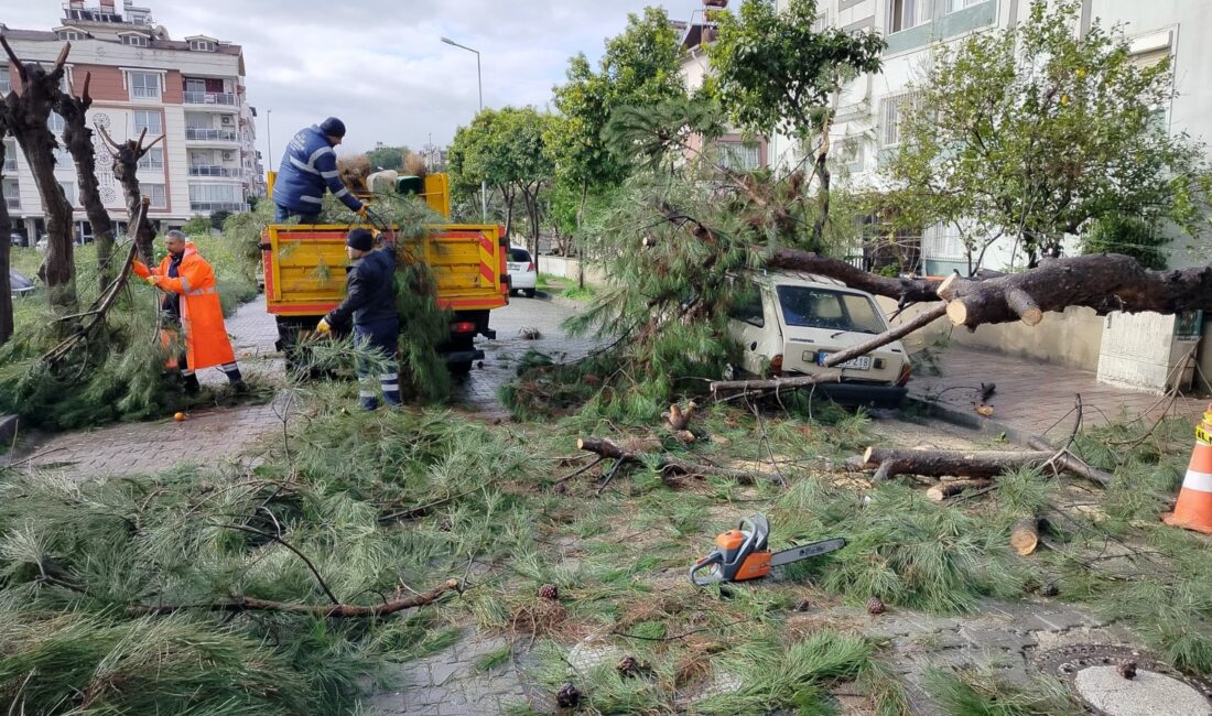 Efeler’de etkili olan sağanak ve fırtına hayatı olumsuz etkiledi. Belediye